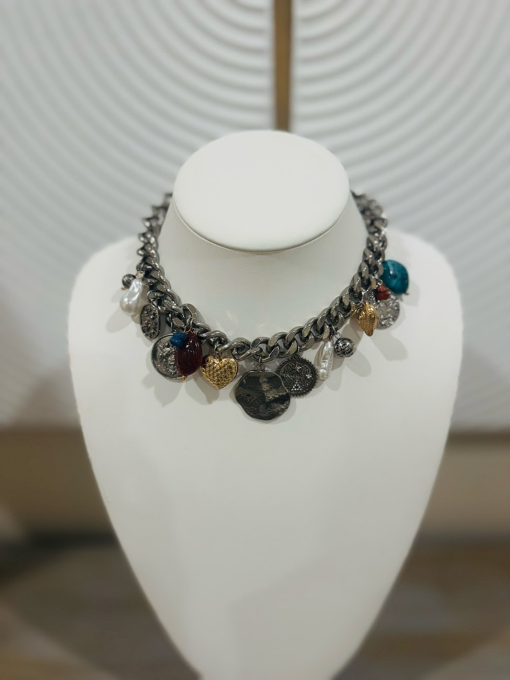 Multi-Charm Chunky Chain Necklace - Mixed Metal and Gem Accents
